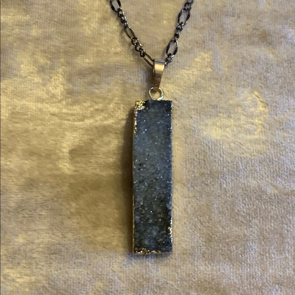 Dark Druzy Pendant with Gun Metal Chain Necklace